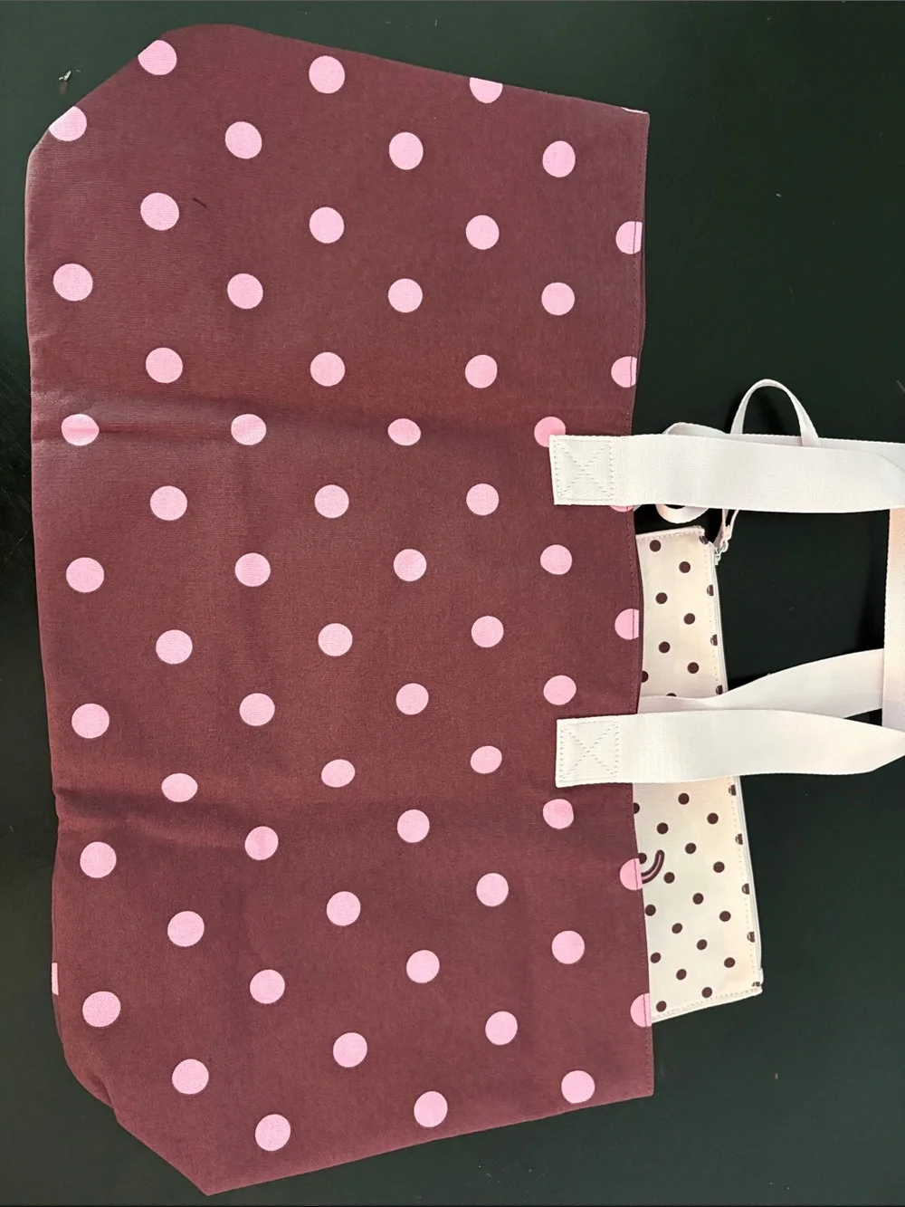PINK Victoria's Secret Burgundy Tote with Pink Polka Dots and Matching Pouch
